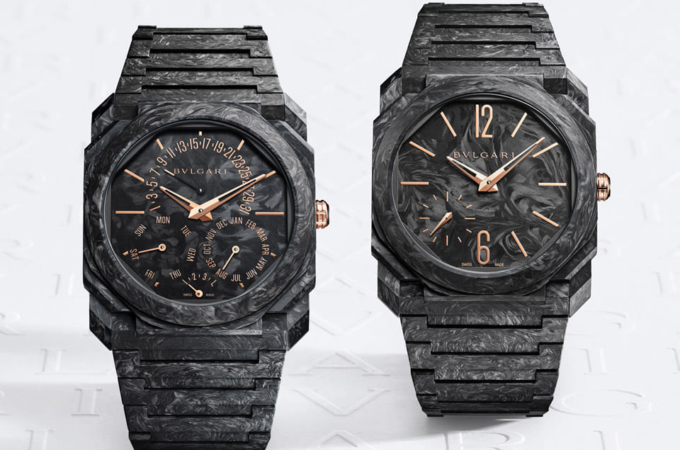 寶格麗連推兩款啟用鍛造碳材質(zhì)的Octo Finissimo超薄表搭配玫瑰金細節(jié)展現(xiàn)奢華前衛(wèi)感